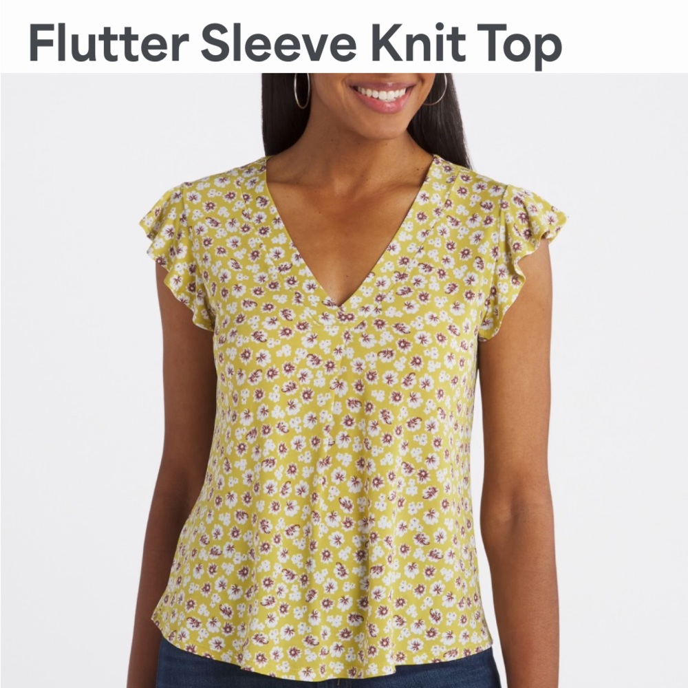 NWOT Beacon Yellow and Purple Floral Flutter Sleeve Top